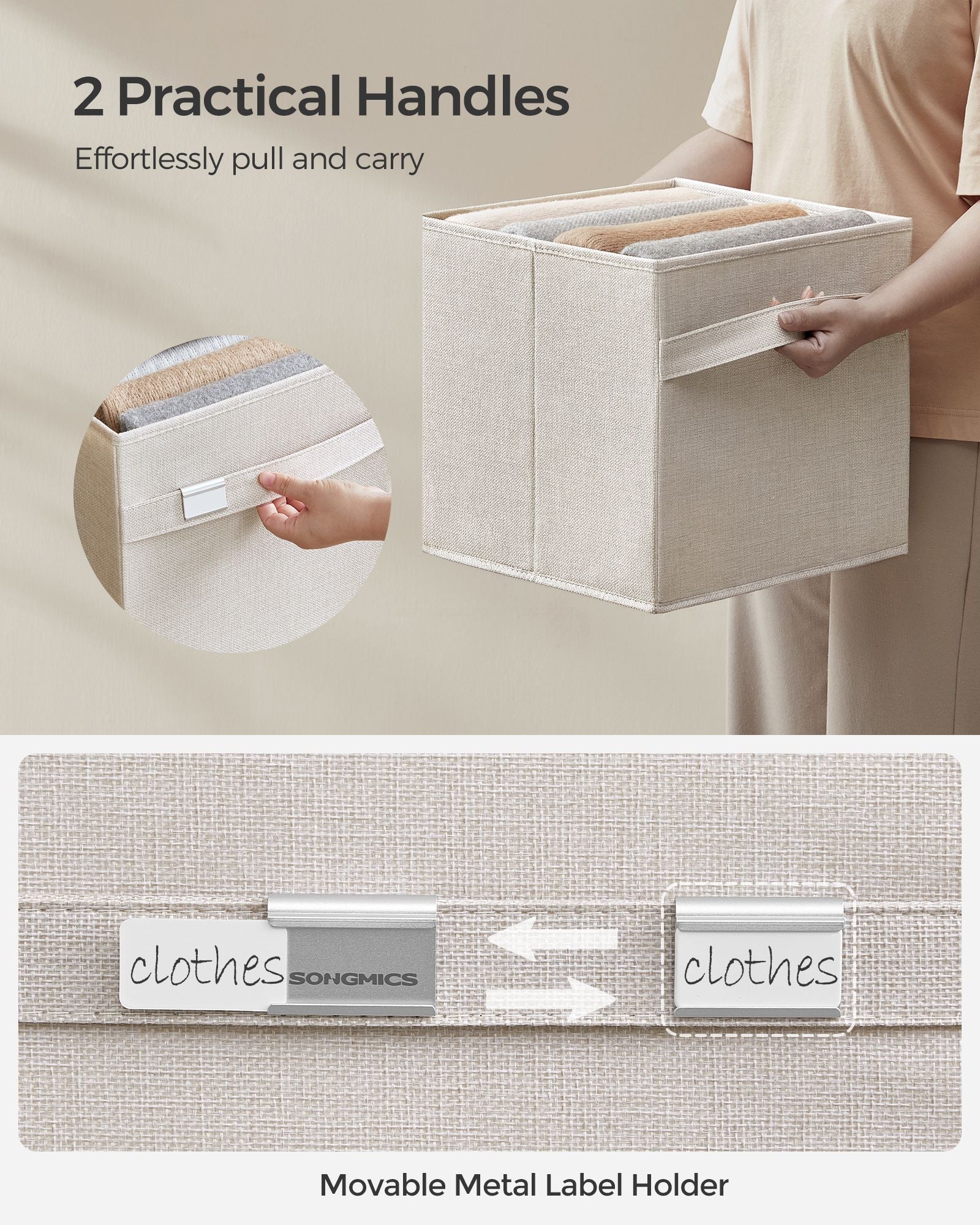 Set of 4 Foldable Storage Cubes – Oxford Fabric and Linen-Look – Cloud White – Washable with Metal Label Holders