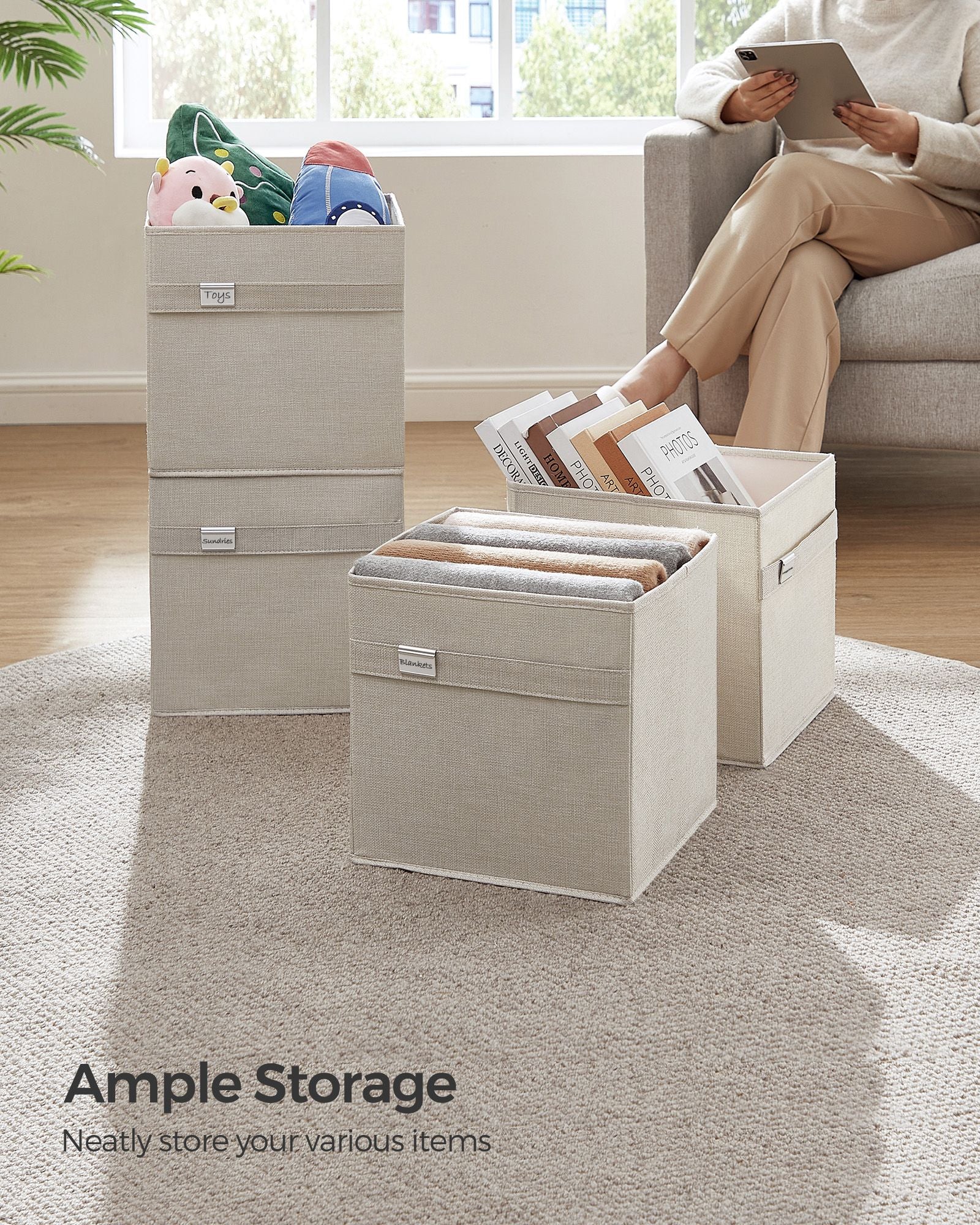 Set of 4 Foldable Storage Cubes – Oxford Fabric and Linen-Look – Cloud White – Washable with Metal Label Holders