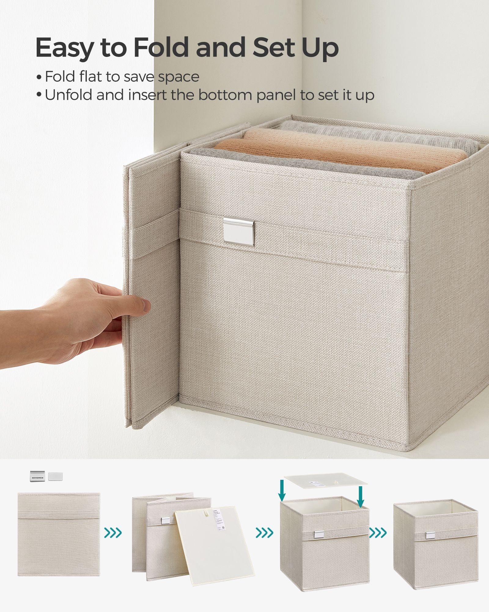 Set of 4 Foldable Storage Cubes – Oxford Fabric and Linen-Look – Cloud White – Washable with Metal Label Holders