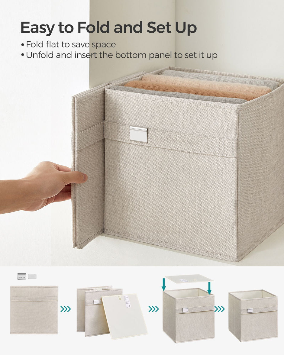 Set of 4 Foldable Storage Cubes – Oxford Fabric and Linen-Look – Cloud White – Washable with Metal Label Holders