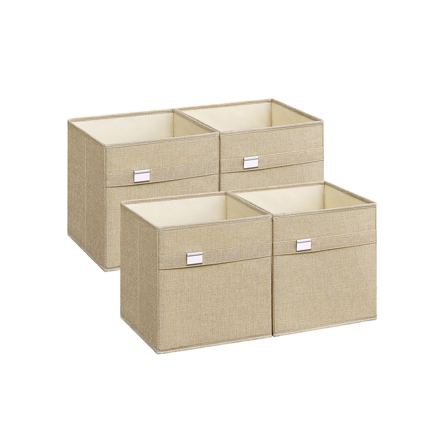 Set of 4 Foldable Storage Cubes – Oxford Fabric and Linen-Look – Sand Beige – Washable with Metal Label Holders
