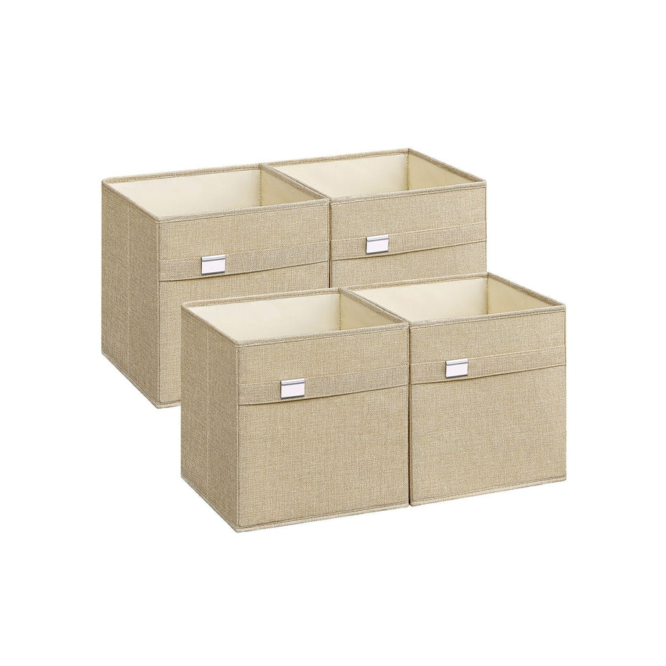 Set of 4 Foldable Storage Cubes – Oxford Fabric and Linen-Look – Sand Beige – Washable with Metal Label Holders