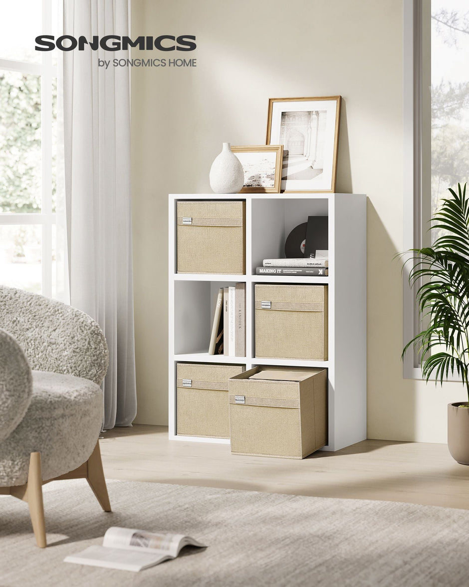 Set of 4 Foldable Storage Cubes – Oxford Fabric and Linen-Look – Sand Beige – Washable with Metal Label Holders
