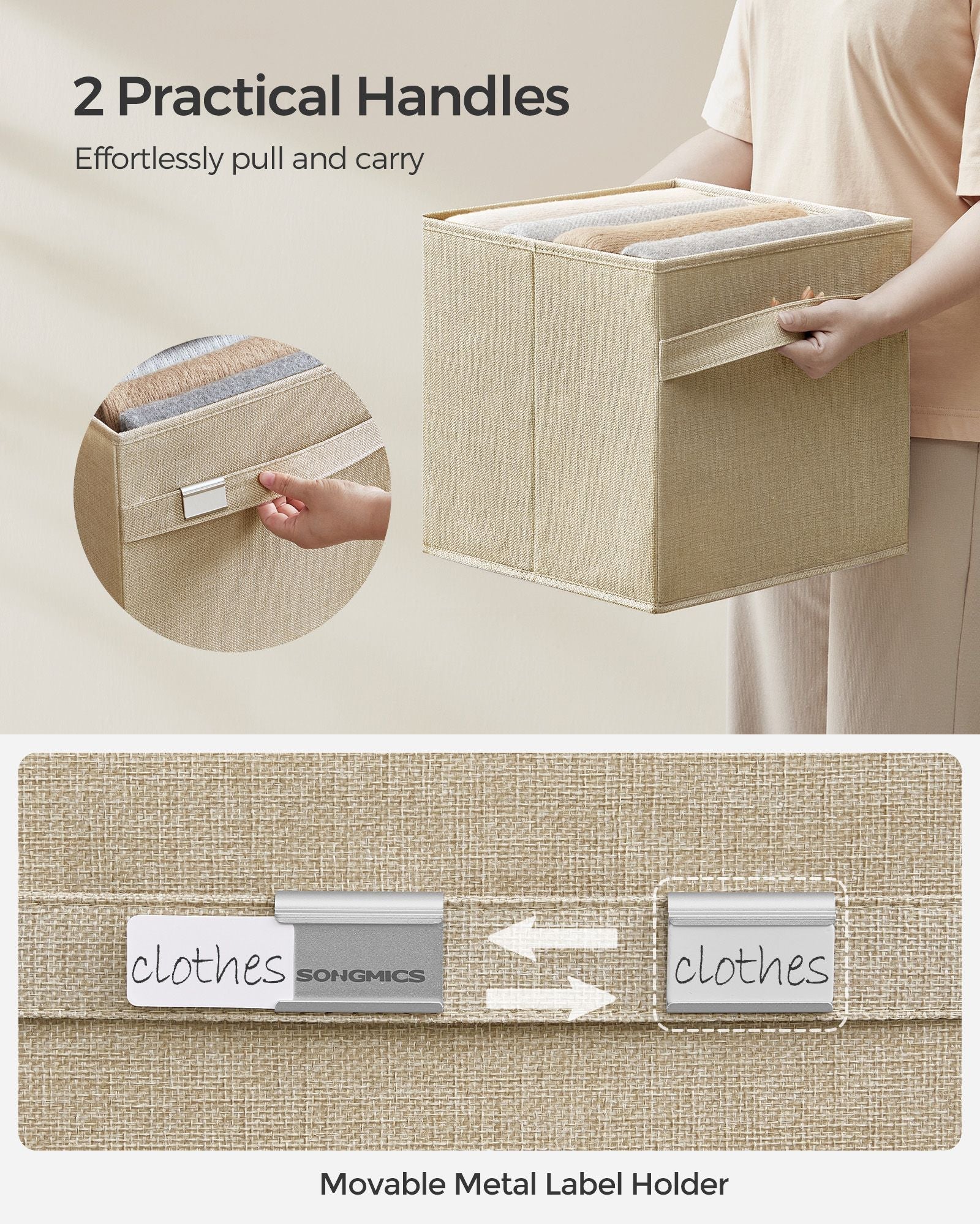Set of 4 Foldable Storage Cubes – Oxford Fabric and Linen-Look – Sand Beige – Washable with Metal Label Holders