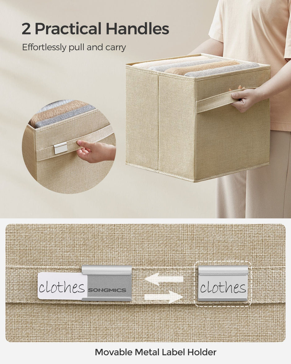 Set of 4 Foldable Storage Cubes – Oxford Fabric and Linen-Look – Sand Beige – Washable with Metal Label Holders