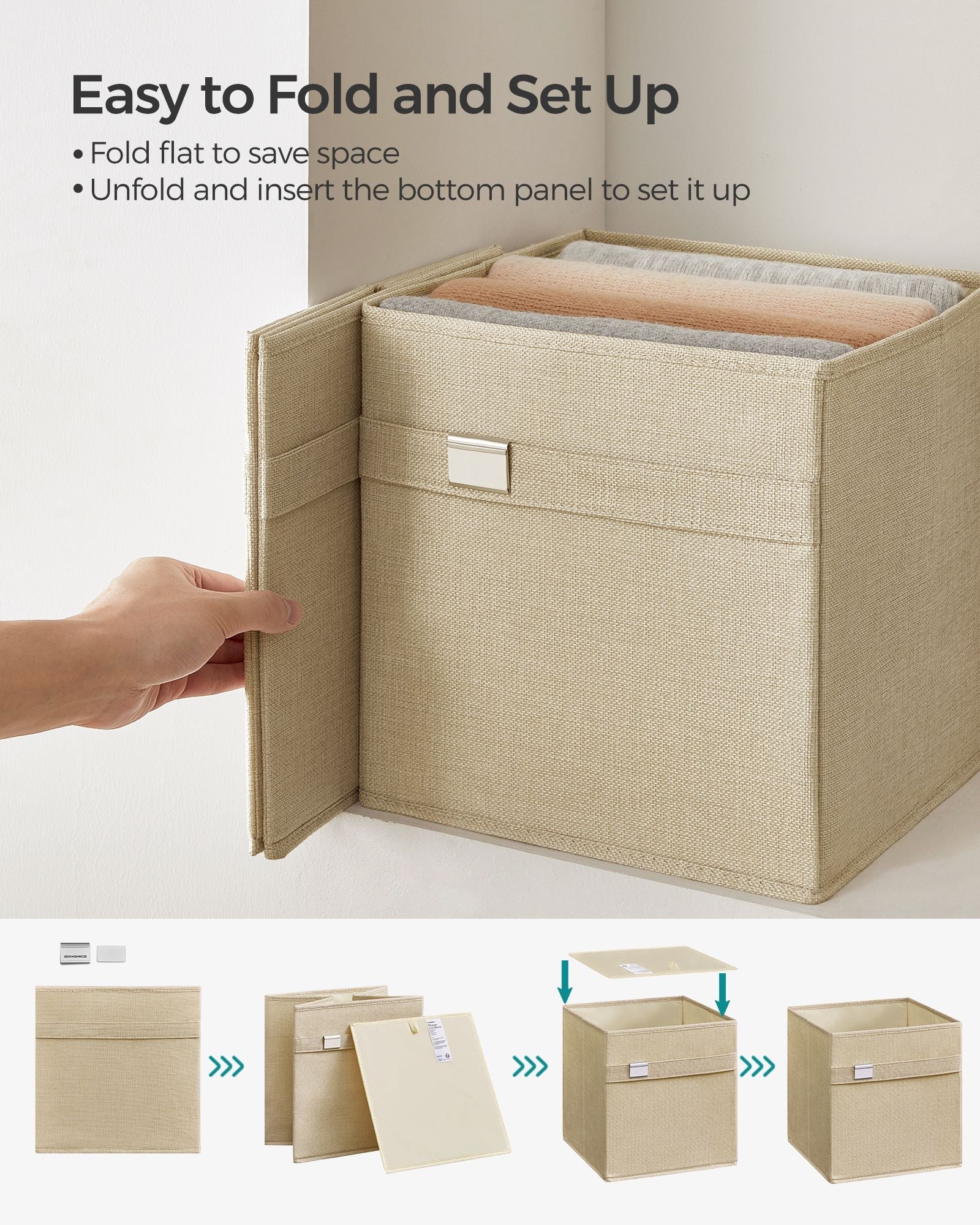 Set of 4 Foldable Storage Cubes – Oxford Fabric and Linen-Look – Sand Beige – Washable with Metal Label Holders