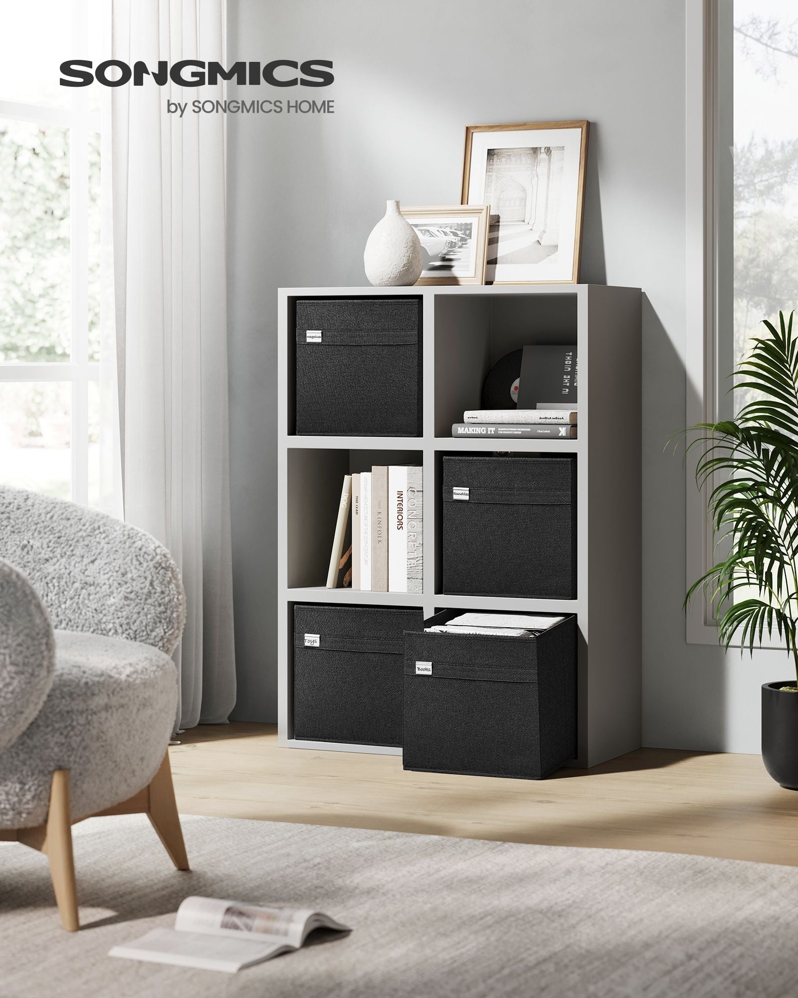 Set of 4 Foldable Storage Cubes – Oxford Fabric and Linen-Look Fabric – Ink Black – Washable with Metal Label Holders