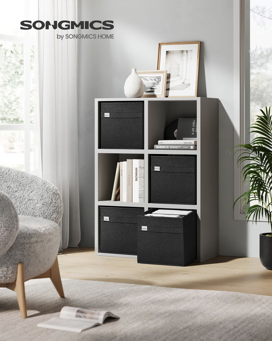 Set of 4 Foldable Storage Cubes – Oxford Fabric and Linen-Look Fabric – Ink Black – Washable with Metal Label Holders