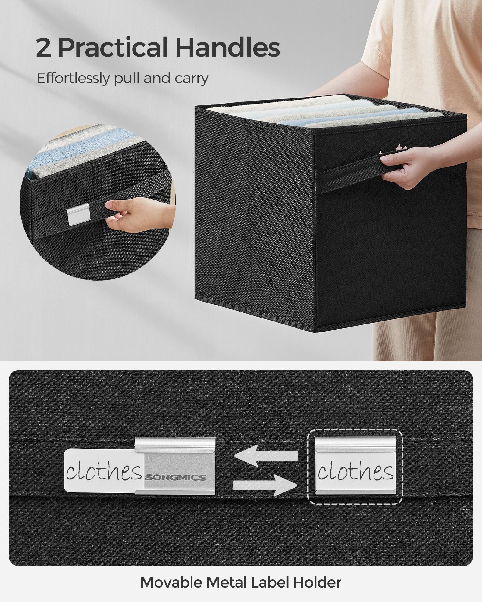 Set of 4 Foldable Storage Cubes – Oxford Fabric and Linen-Look Fabric – Ink Black – Washable with Metal Label Holders