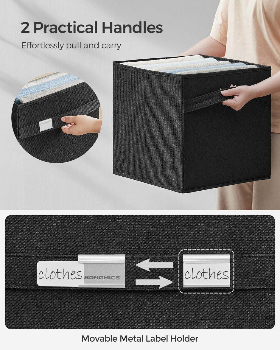 Set of 4 Foldable Storage Cubes – Oxford Fabric and Linen-Look Fabric – Ink Black – Washable with Metal Label Holders