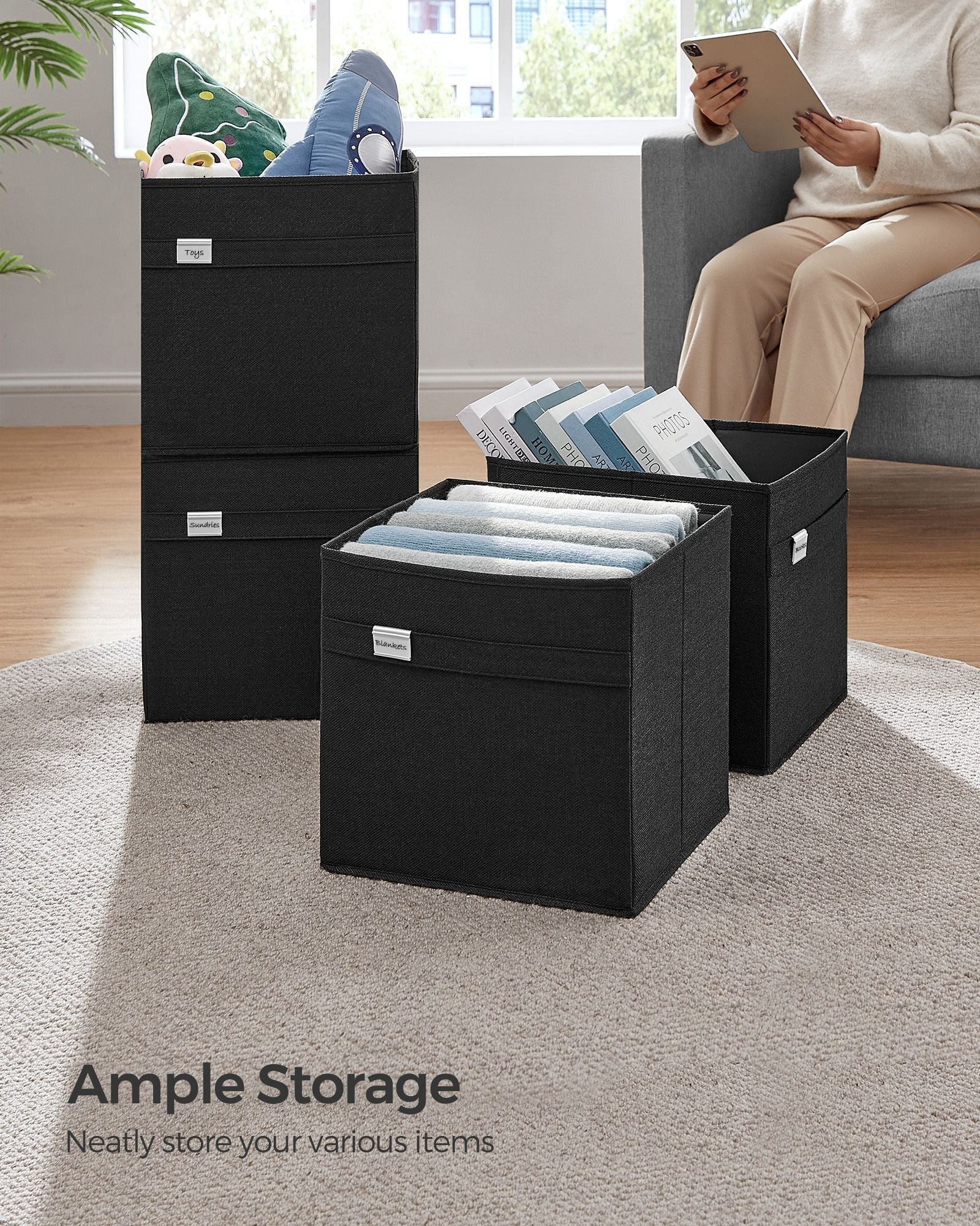 Set of 4 Foldable Storage Cubes – Oxford Fabric and Linen-Look Fabric – Ink Black – Washable with Metal Label Holders