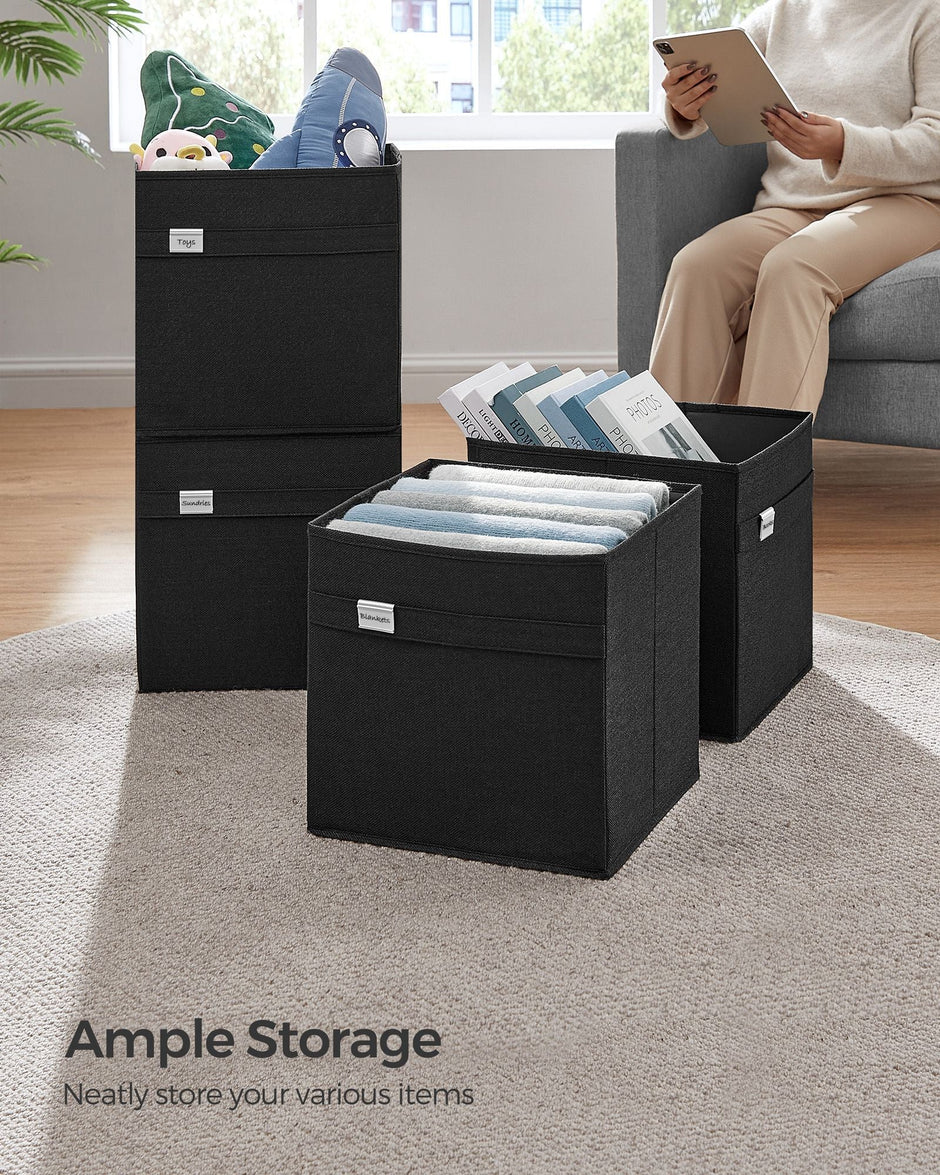 Set of 4 Foldable Storage Cubes – Oxford Fabric and Linen-Look Fabric – Ink Black – Washable with Metal Label Holders