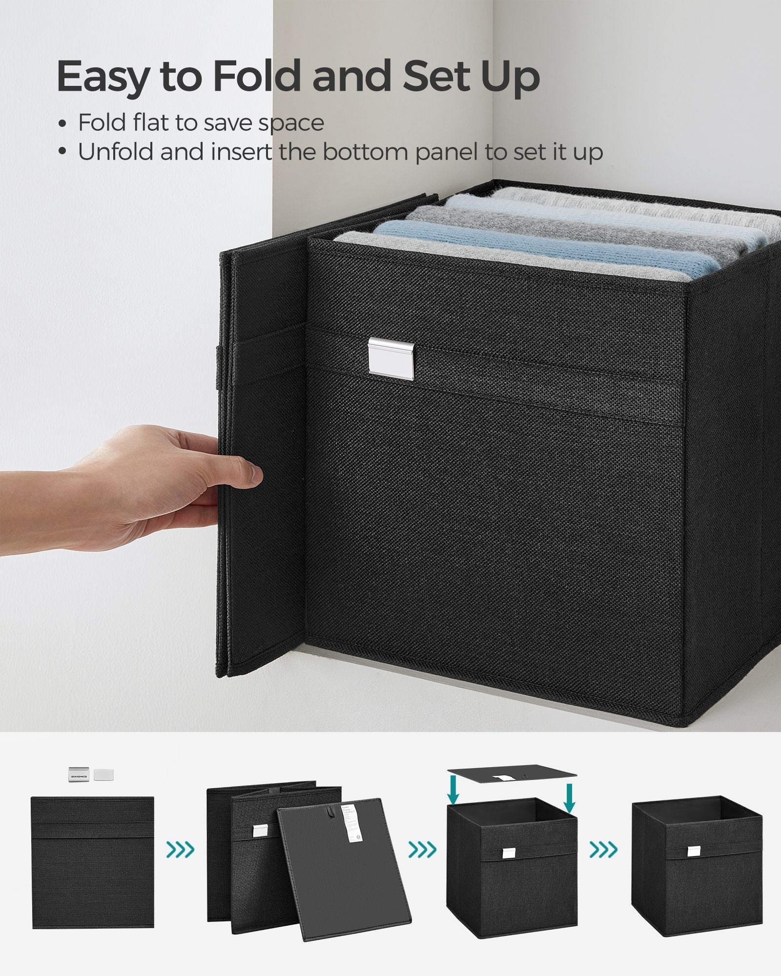 Set of 4 Foldable Storage Cubes – Oxford Fabric and Linen-Look Fabric – Ink Black – Washable with Metal Label Holders