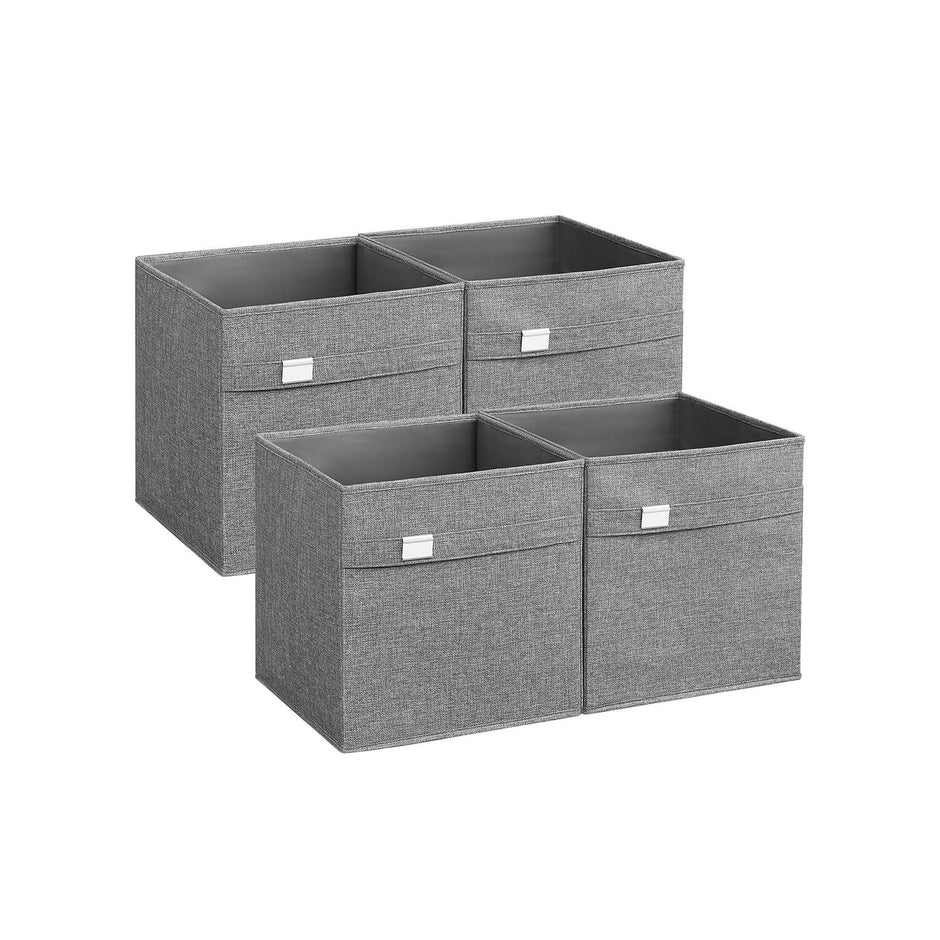 Set of 4 Foldable Storage Cubes – Oxford Fabric and Linen Look – Dove Grey – Double Handles and Metal Label Holders