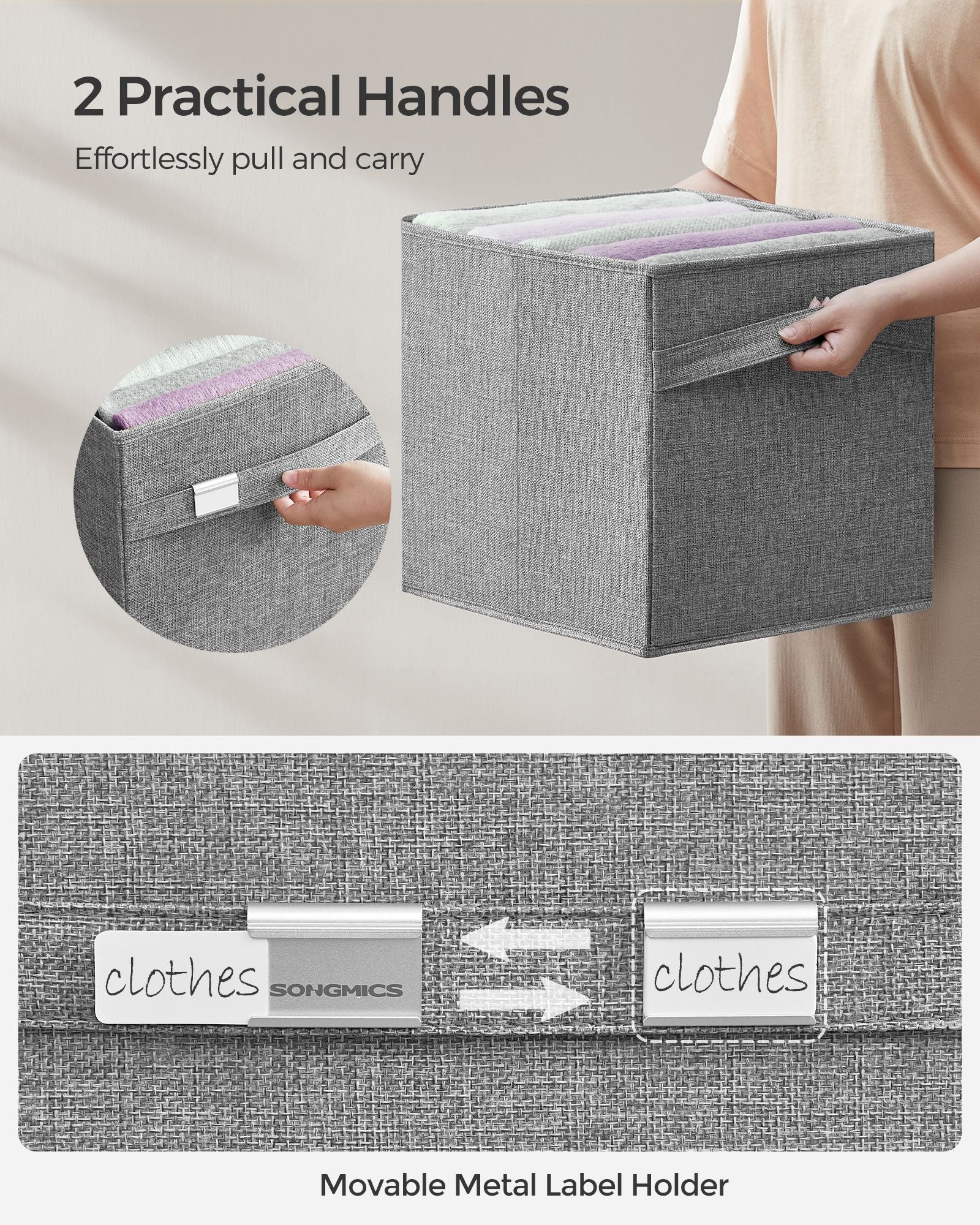 Set of 4 Foldable Storage Cubes – Oxford Fabric and Linen Look – Dove Grey – Double Handles and Metal Label Holders
