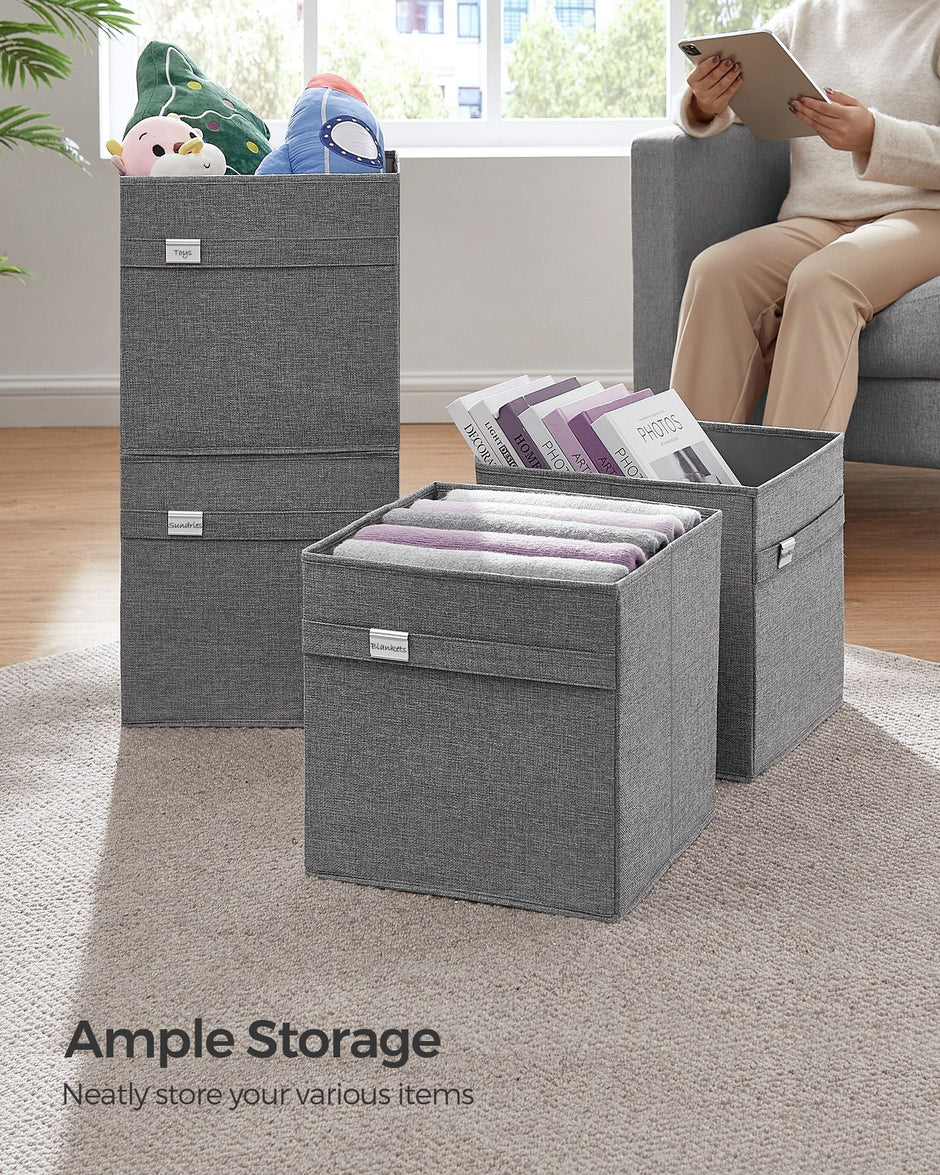 Set of 4 Foldable Storage Cubes – Oxford Fabric and Linen Look – Dove Grey – Double Handles and Metal Label Holders