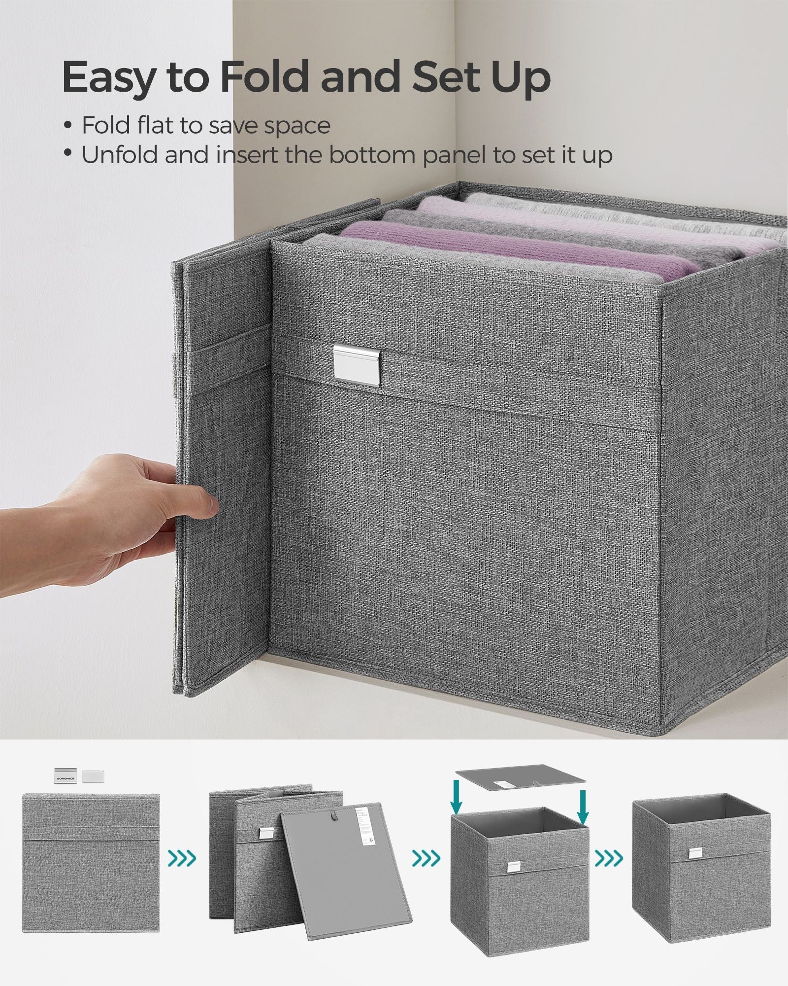 Set of 4 Foldable Storage Cubes – Oxford Fabric and Linen Look – Dove Grey – Double Handles and Metal Label Holders