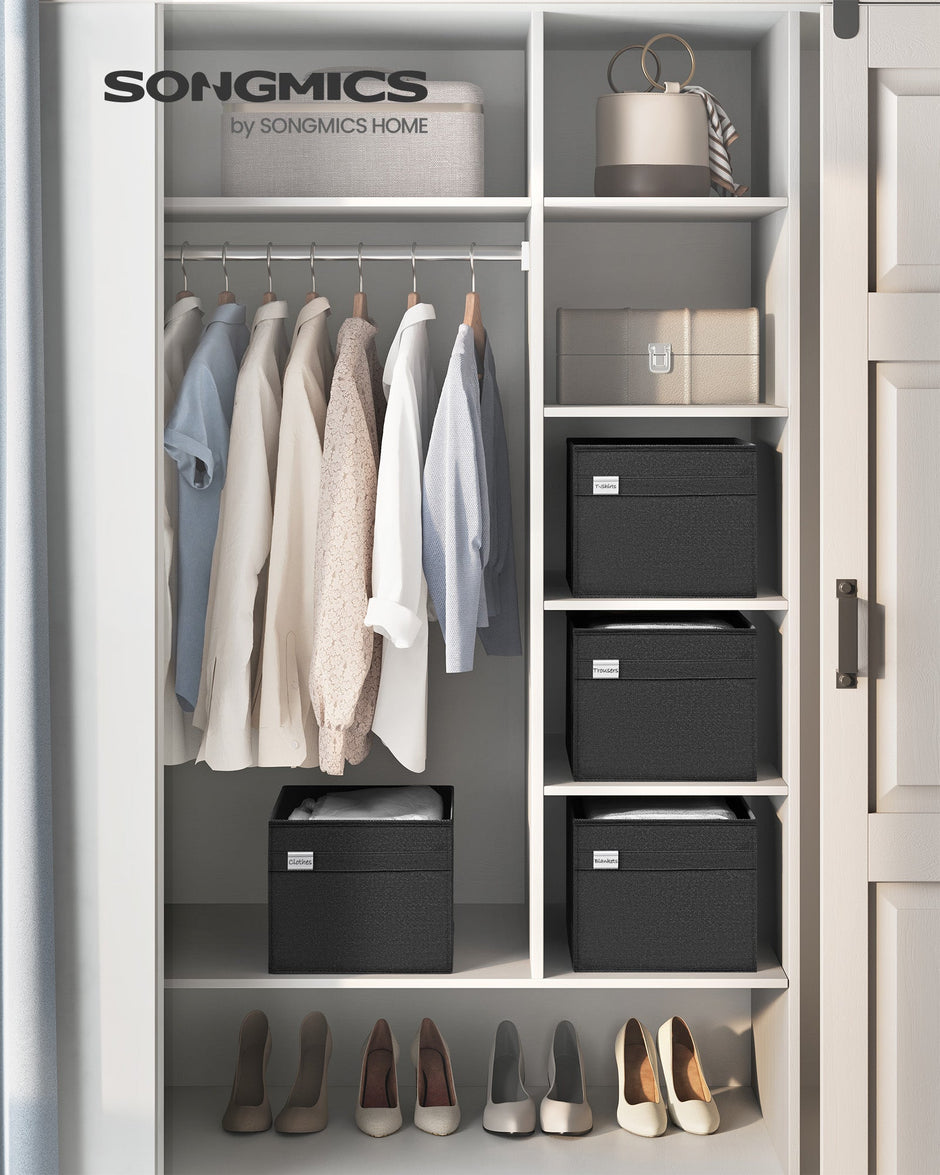 Set of 2 Foldable Storage Organisers – Oxford Fabric and Linen-Look – Ink Black – Washable with Metal Label Holders