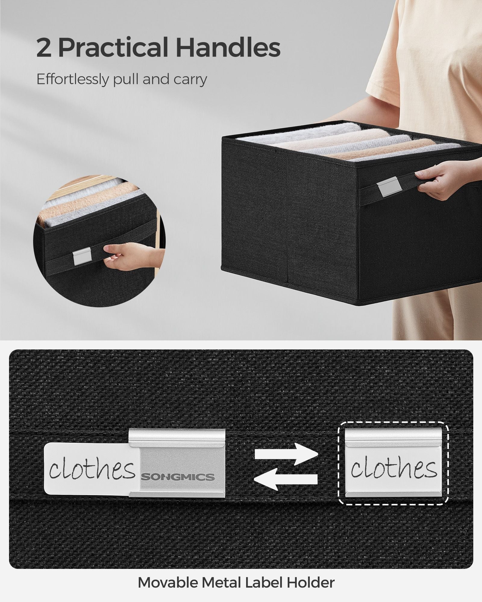 Set of 2 Foldable Storage Organisers – Oxford Fabric and Linen-Look – Ink Black – Washable with Metal Label Holders