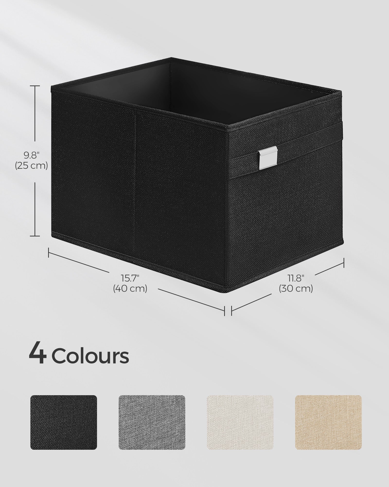 Set of 4 Foldable Storage Organisers – Oxford Fabric and Linen-Look – Ink Black – Washable with Metal Label Holders