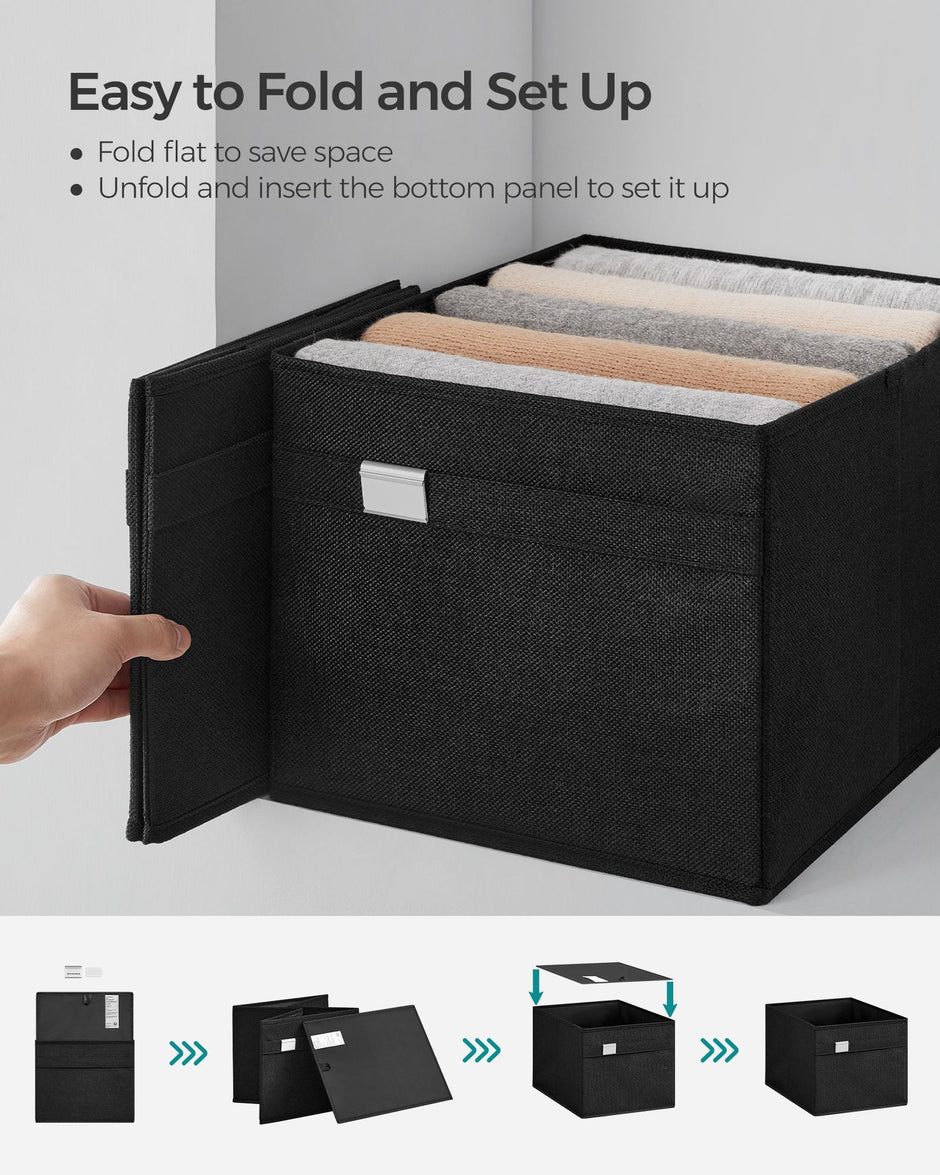 Set of 4 Foldable Storage Organisers – Oxford Fabric and Linen-Look – Ink Black – Washable with Metal Label Holders
