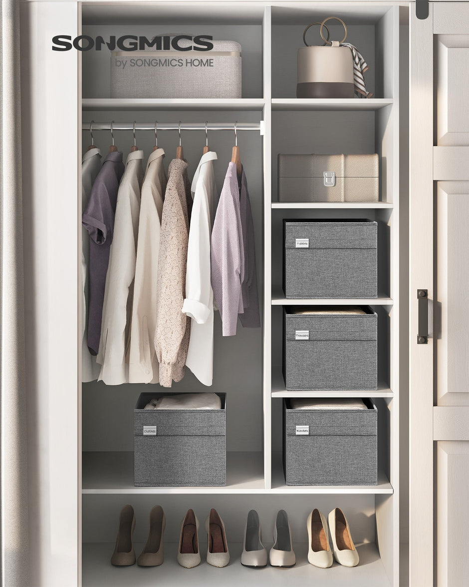 Set of 2 Foldable Storage Organisers – Oxford Fabric and Linen-Look – Dove Grey – Washable with Metal Label Holders