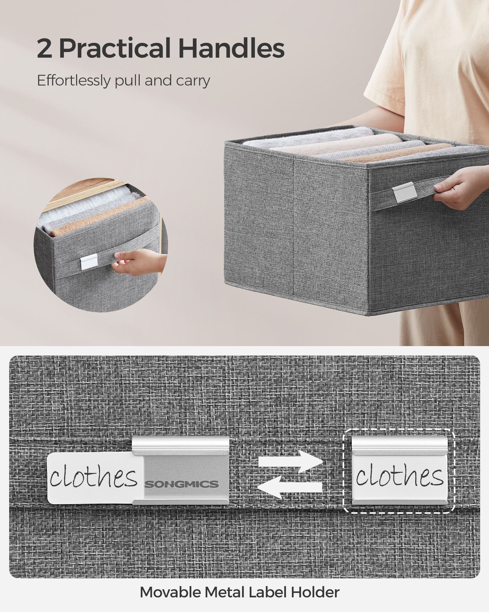 Set of 2 Foldable Storage Organisers – Oxford Fabric and Linen-Look – Dove Grey – Washable with Metal Label Holders