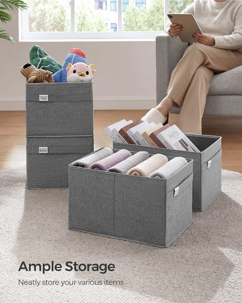 Set of 2 Foldable Storage Organisers – Oxford Fabric and Linen-Look – Dove Grey – Washable with Metal Label Holders