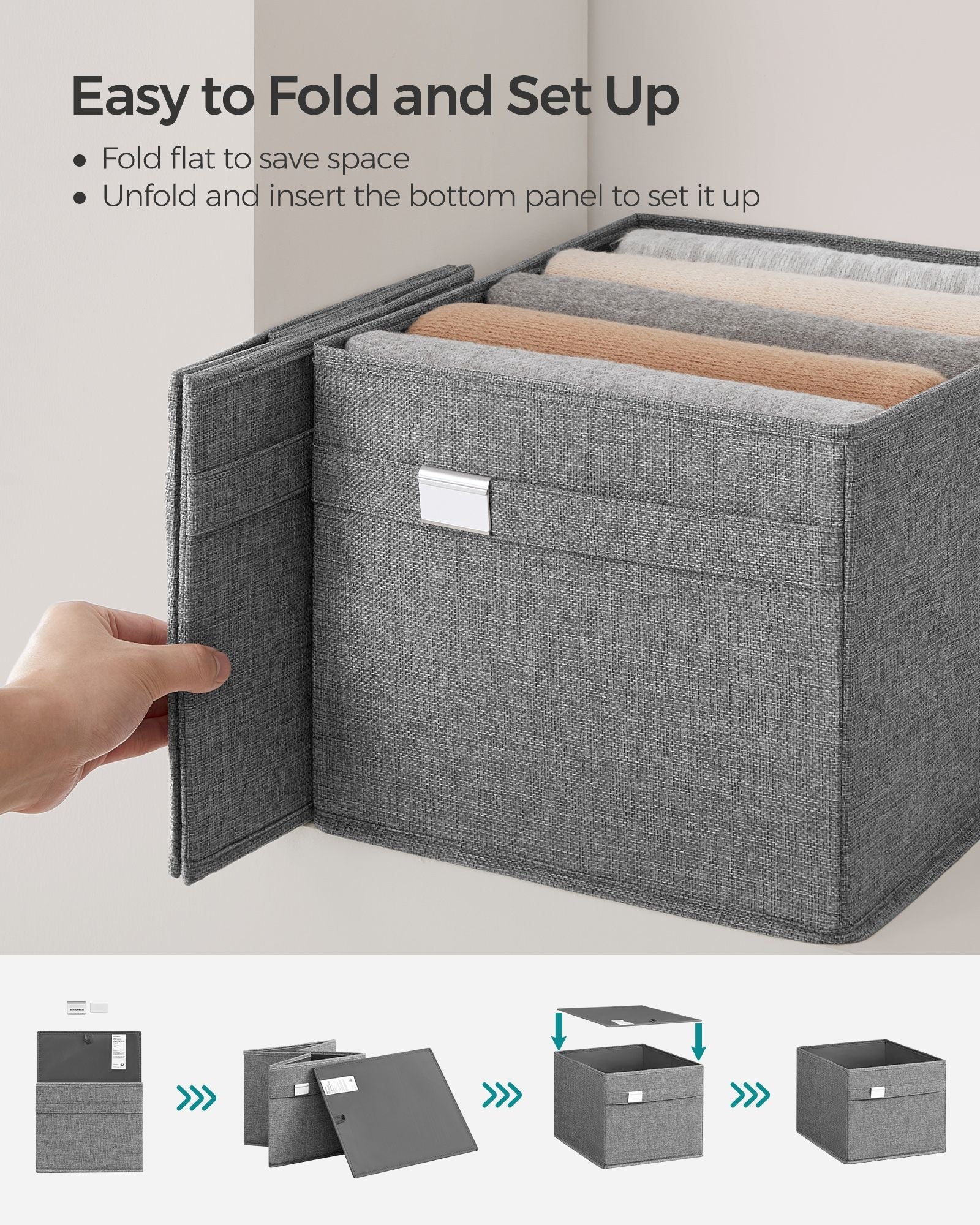 Set of 4 Foldable Storage Organisers – Oxford Fabric and Linen-Look – Dove Grey – Washable with Metal Label Holders