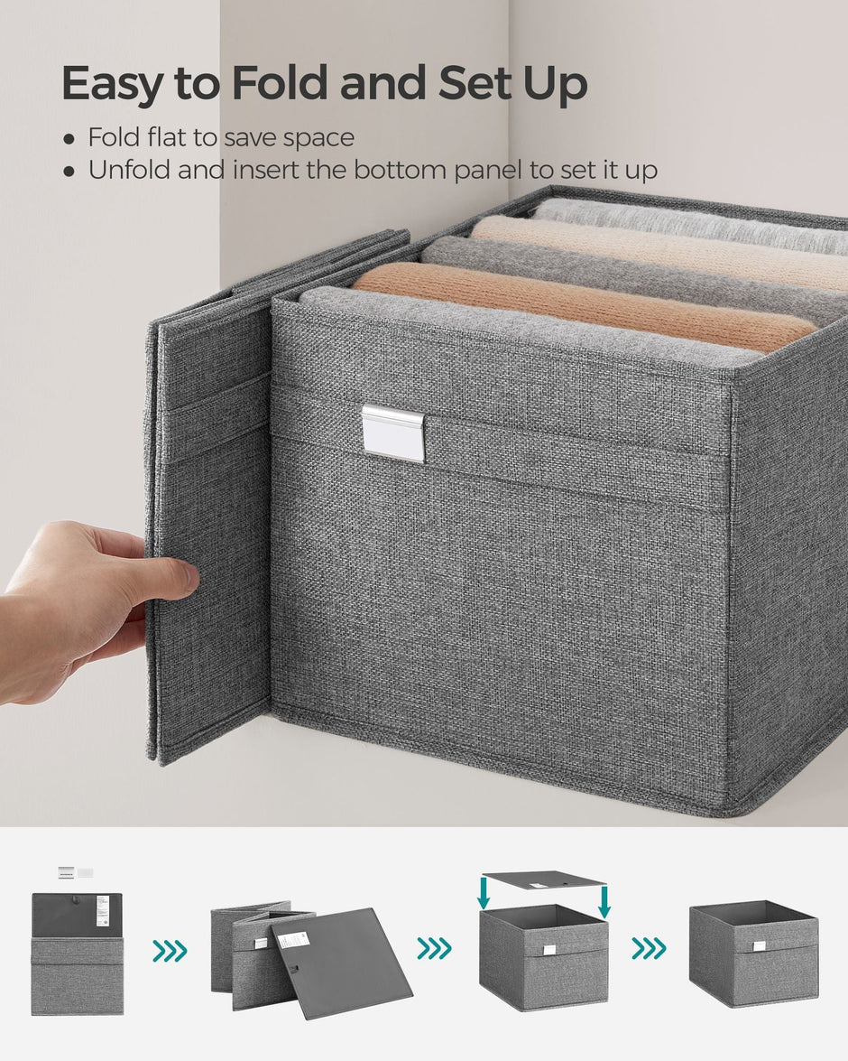 Set of 4 Foldable Storage Organisers – Oxford Fabric and Linen-Look – Dove Grey – Washable with Metal Label Holders