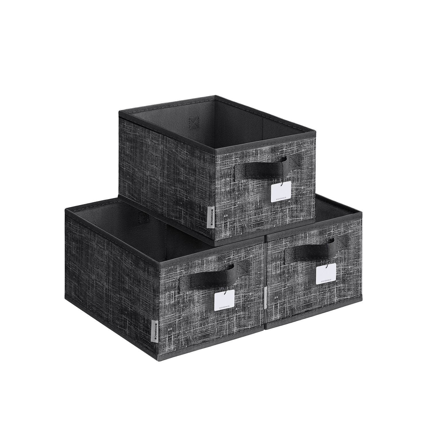 Collapsible Storage Boxes Set of 3 – Fabric – Ink Black – Wardrobe Organizers with Handles and Label Holders
