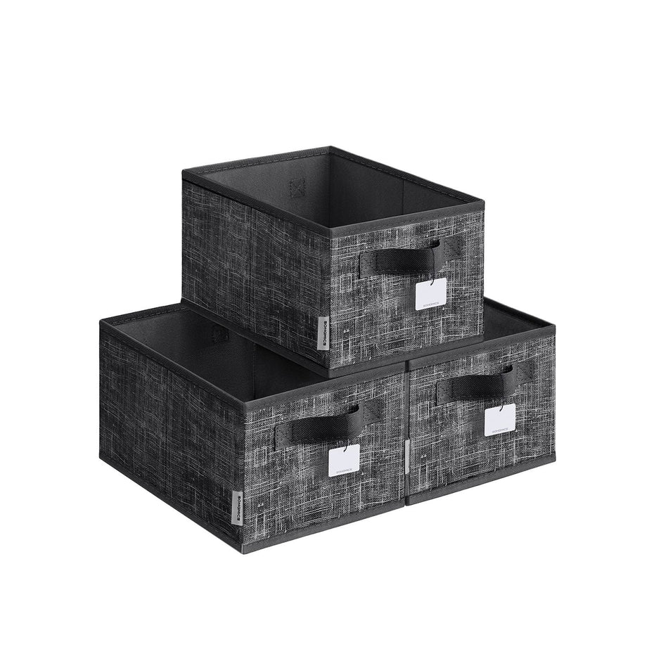 Collapsible Storage Boxes Set of 3 – Fabric – Ink Black – Wardrobe Organizers with Handles and Label Holders