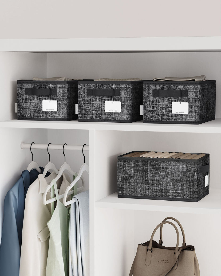 Collapsible Storage Boxes Set of 3 – Fabric – Ink Black – Wardrobe Organizers with Handles and Label Holders