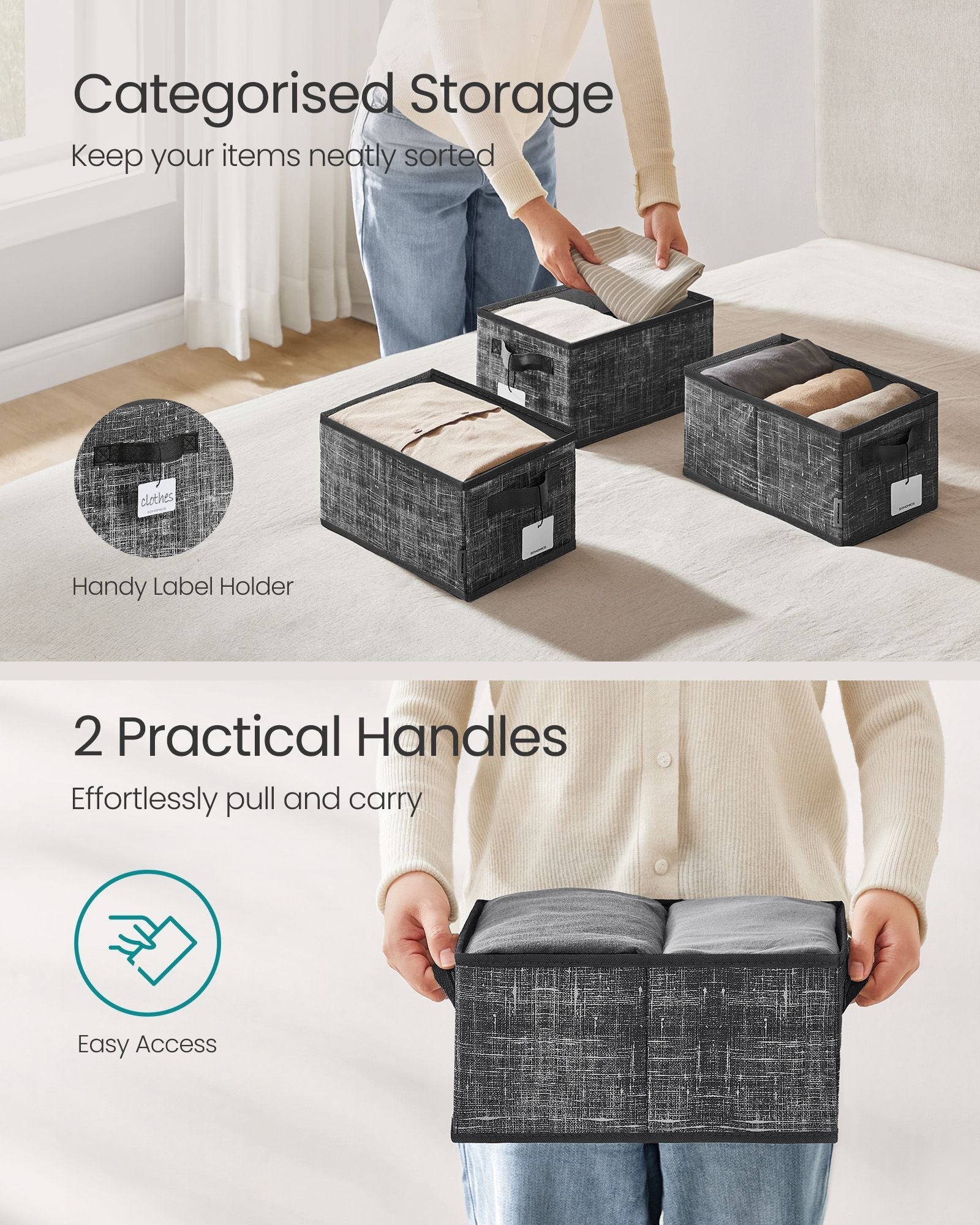 Collapsible Storage Boxes Set of 3 – Fabric – Ink Black – Wardrobe Organizers with Handles and Label Holders