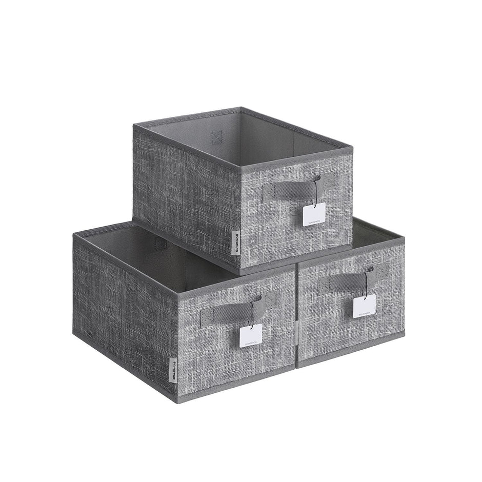 Collapsible Storage Boxes Set of 3 – Fabric – Cattail Grey – 30 x 20 x 15 cm – with Handles and Label Holders