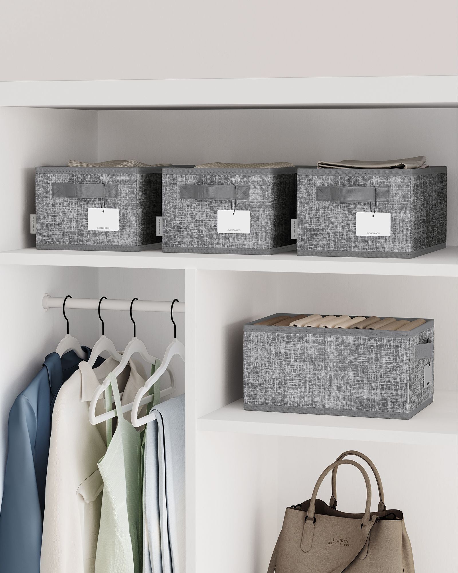 Collapsible Storage Boxes Set of 3 – Fabric – Cattail Grey – 30 x 20 x 15 cm – with Handles and Label Holders
