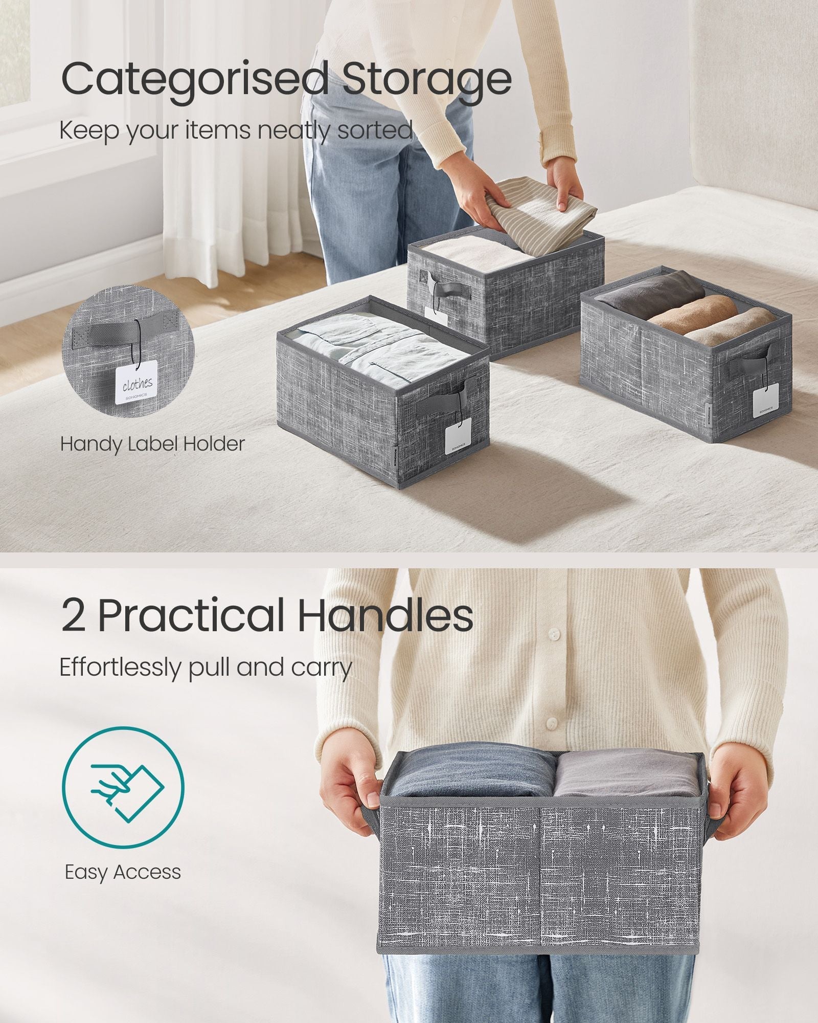 Collapsible Storage Boxes Set of 3 – Fabric – Cattail Grey – 30 x 20 x 15 cm – with Handles and Label Holders