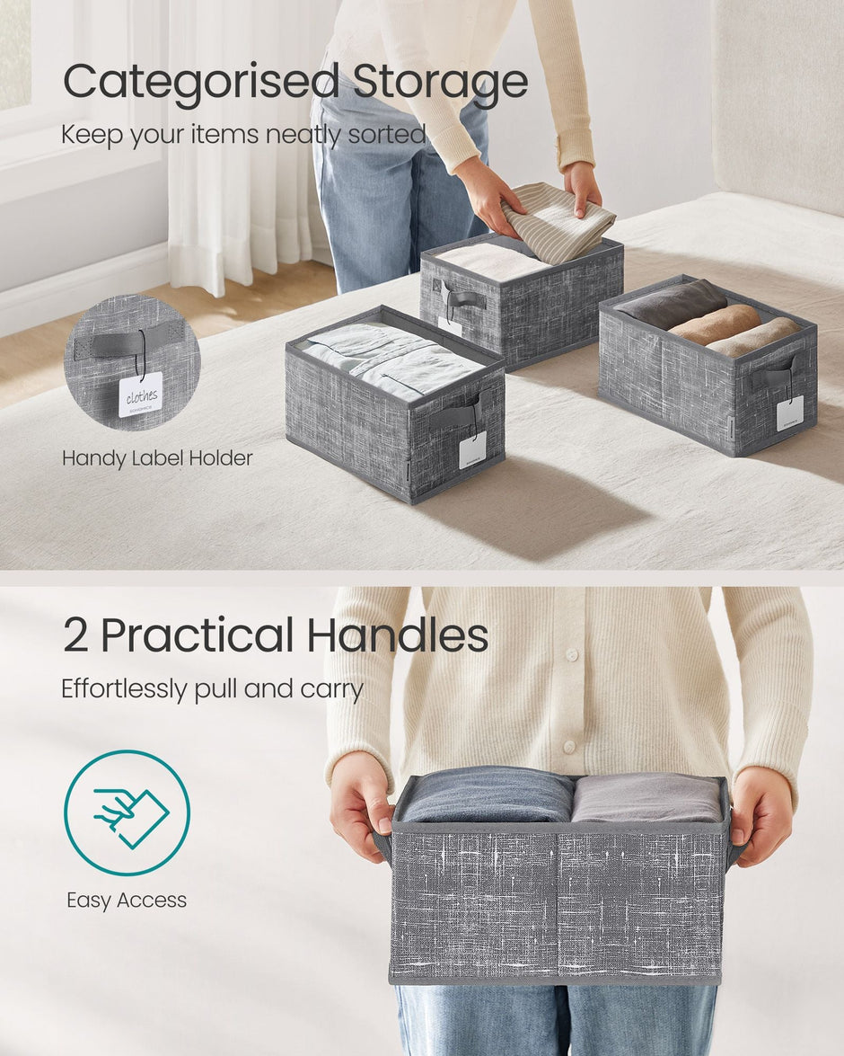 Collapsible Storage Boxes Set of 3 – Fabric – Cattail Grey – 30 x 20 x 15 cm – with Handles and Label Holders