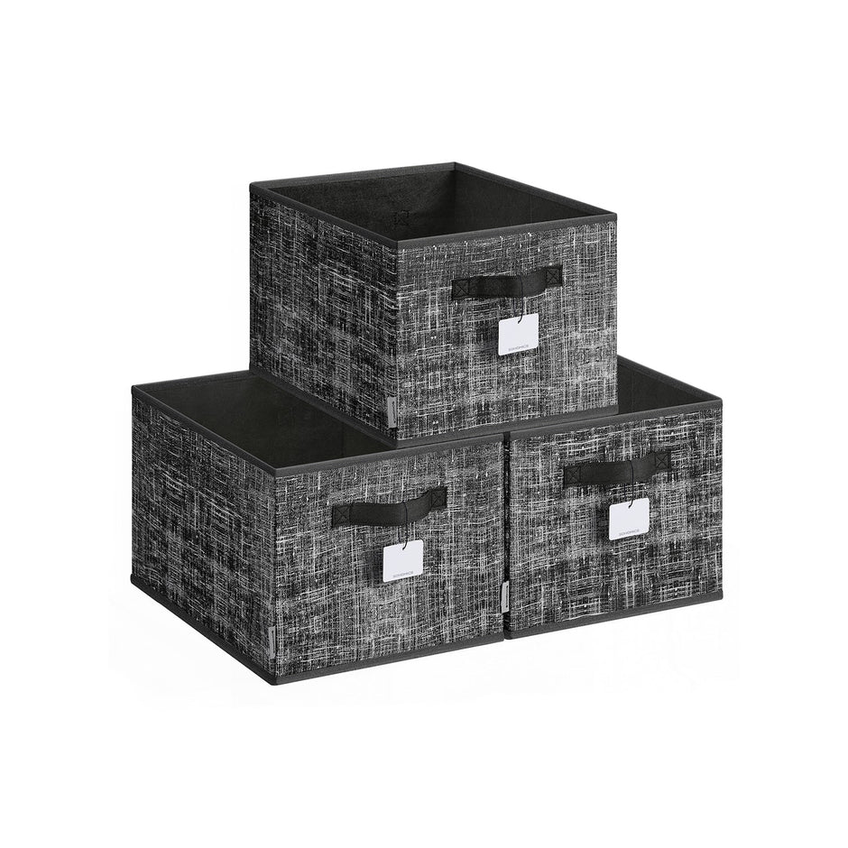Collapsible Storage Boxes – Fabric – Ink Black – Set of 3 with Handles and Label Holders