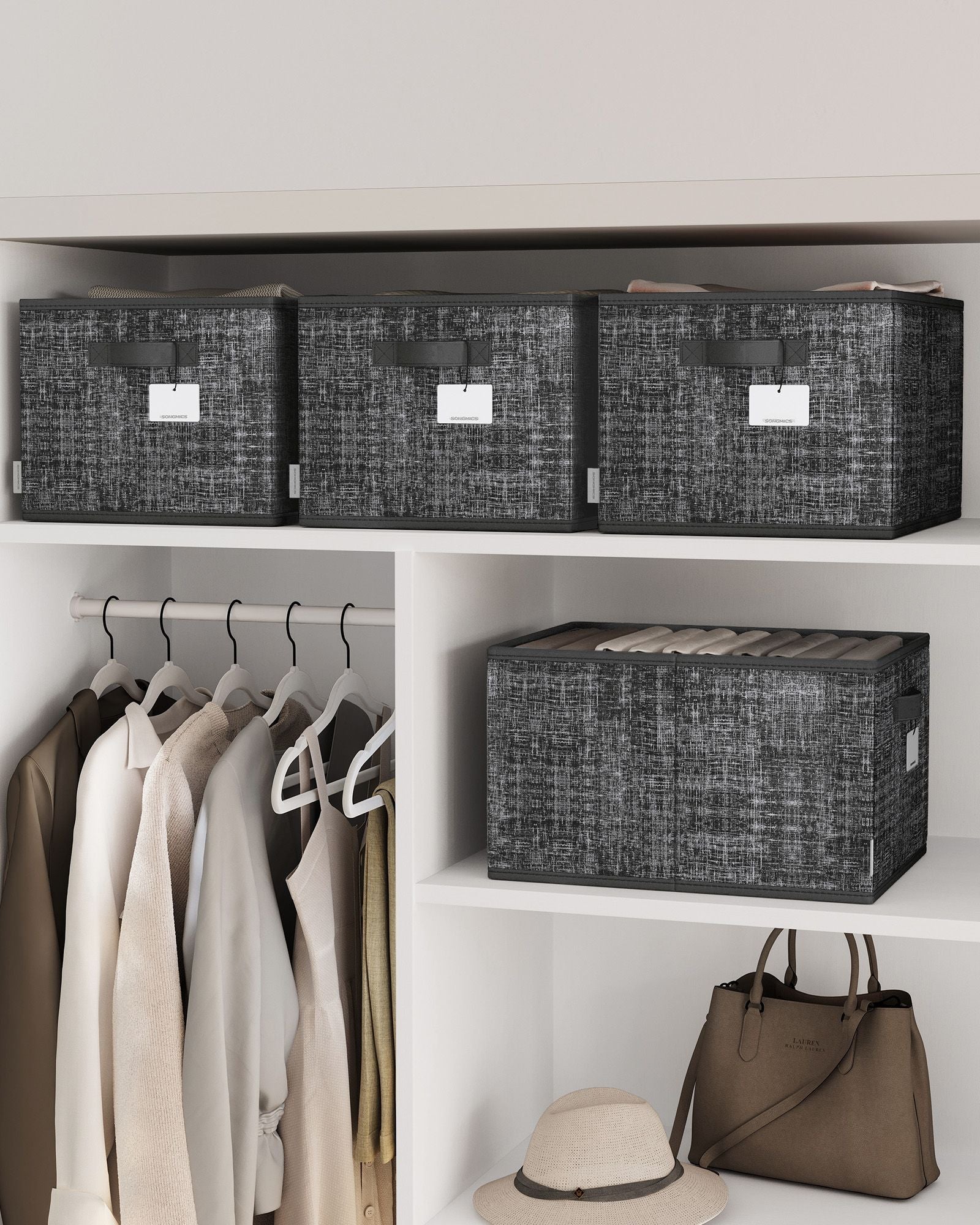 Collapsible Storage Boxes – Fabric – Ink Black – Set of 3 with Handles and Label Holders