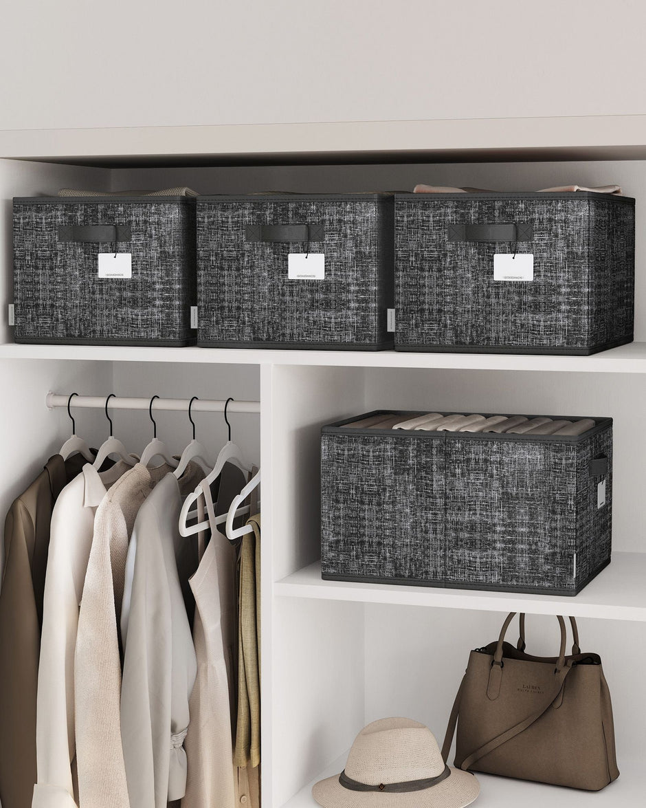 Collapsible Storage Boxes – Fabric – Ink Black – Set of 3 with Handles and Label Holders