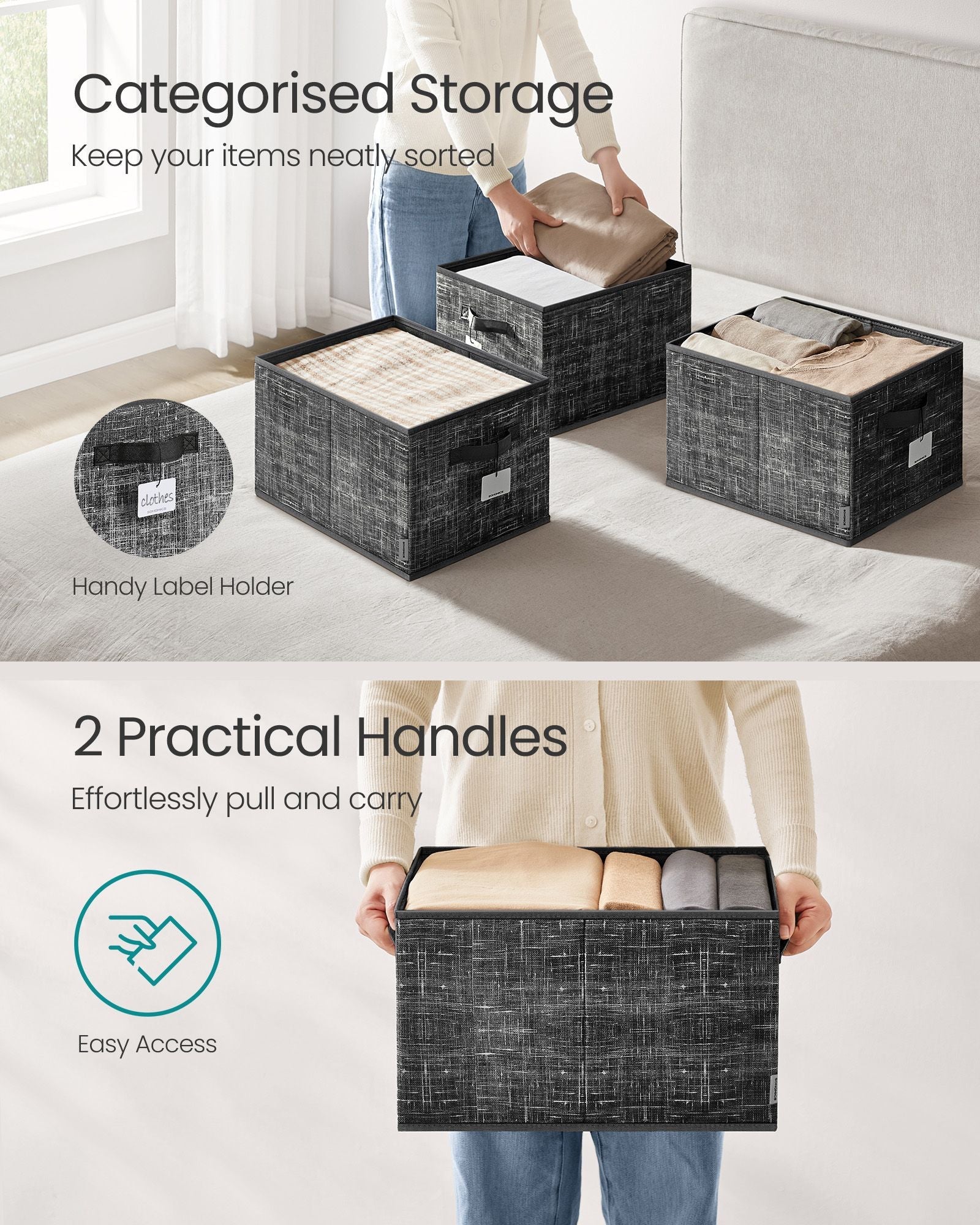 Collapsible Storage Boxes – Fabric – Ink Black – Set of 3 with Handles and Label Holders