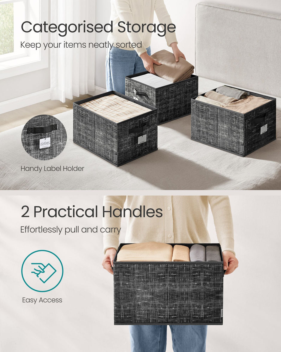 Collapsible Storage Boxes – Fabric – Ink Black – Set of 3 with Handles and Label Holders