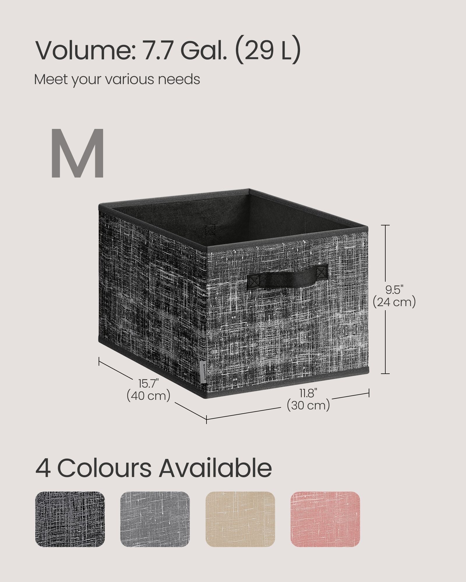 Collapsible Storage Boxes – Fabric – Ink Black – Set of 3 with Handles and Label Holders
