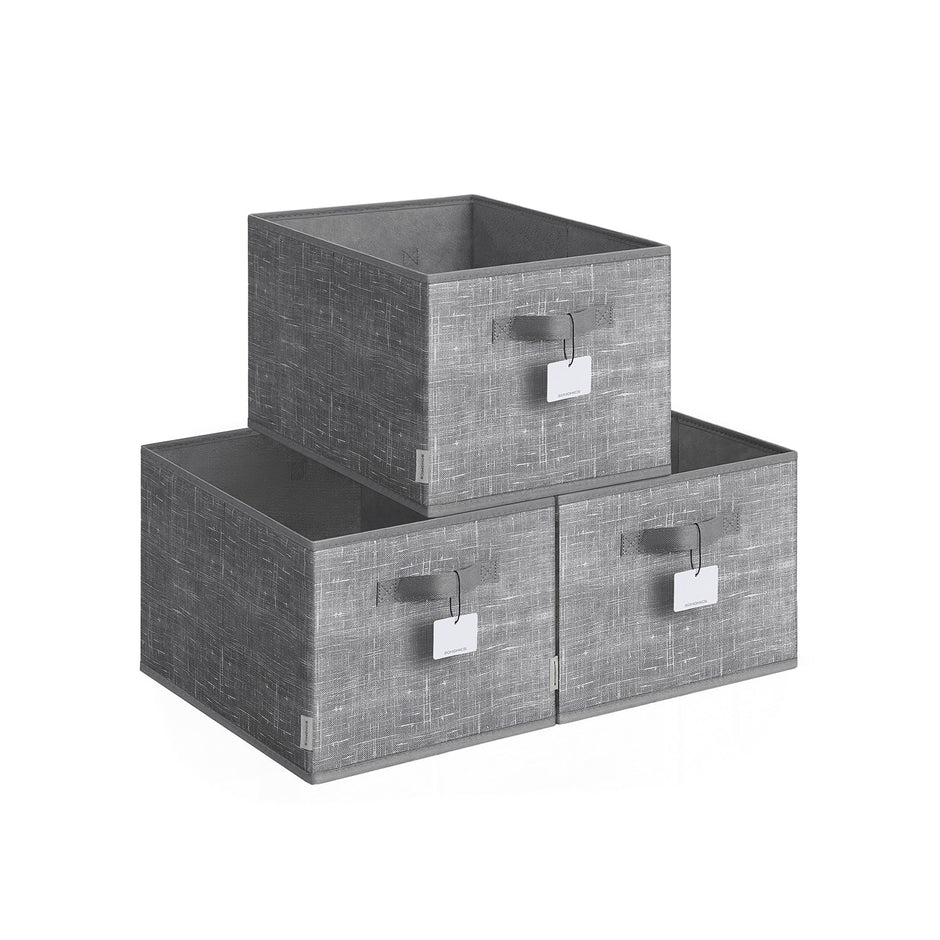 Collapsible Storage Boxes – Fabric – Cattail Grey – Set of 3 with Handles and Label Holders