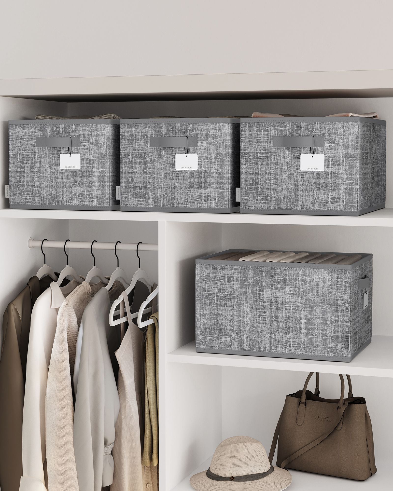 Collapsible Storage Boxes – Fabric – Cattail Grey – Set of 3 with Handles and Label Holders