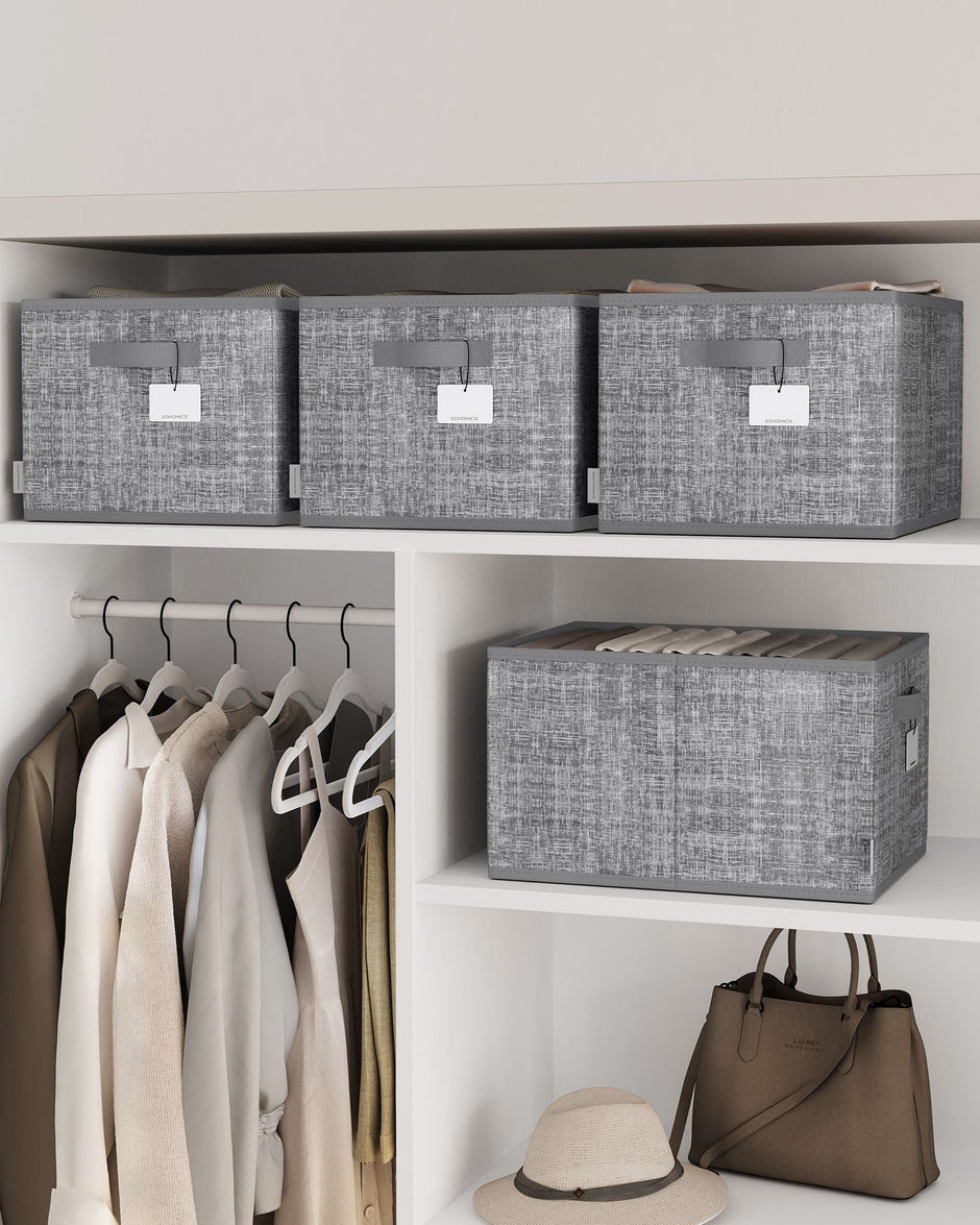 Collapsible Storage Boxes – Fabric – Cattail Grey – Set of 3 with Handles and Label Holders