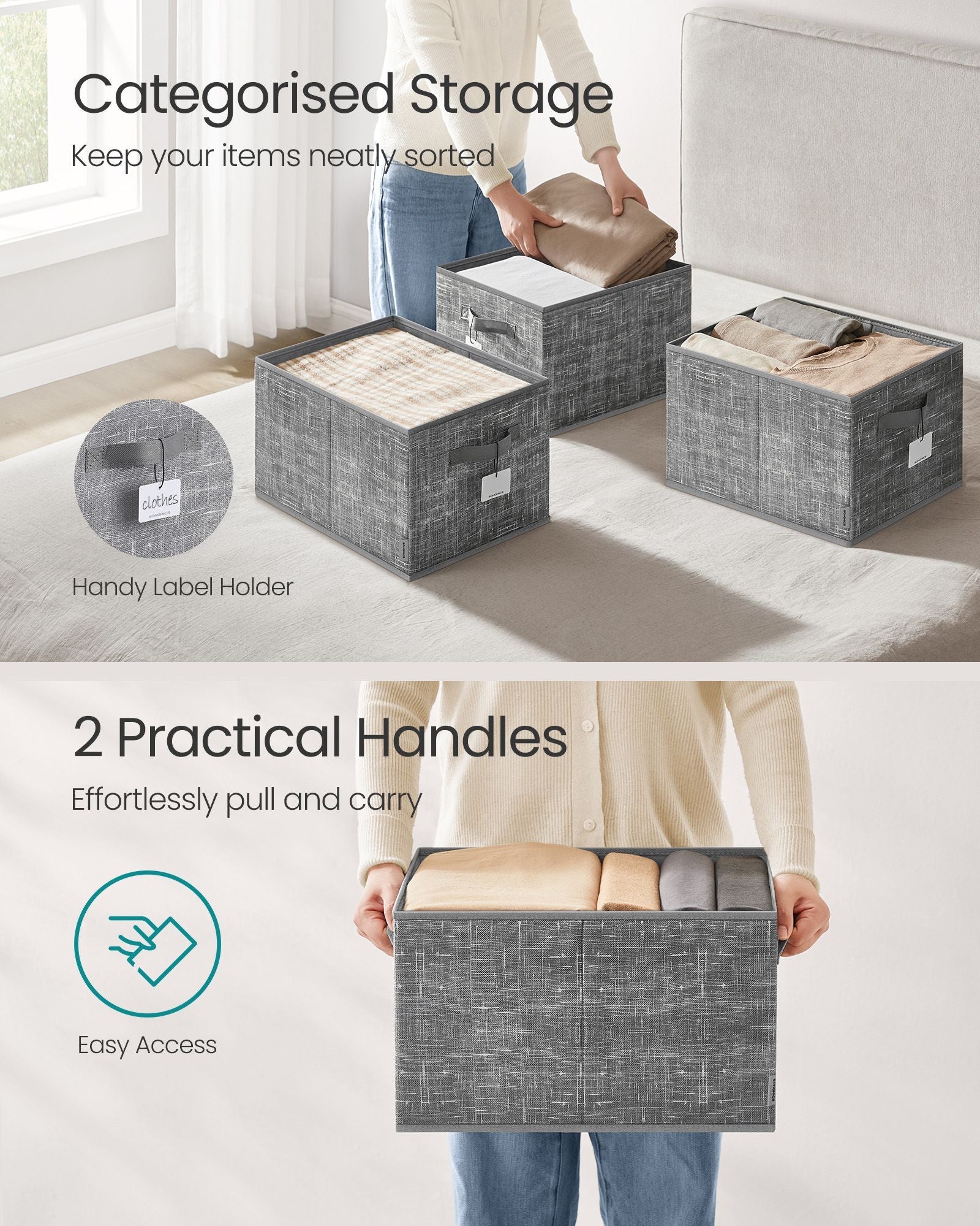 Collapsible Storage Boxes – Fabric – Cattail Grey – Set of 3 with Handles and Label Holders