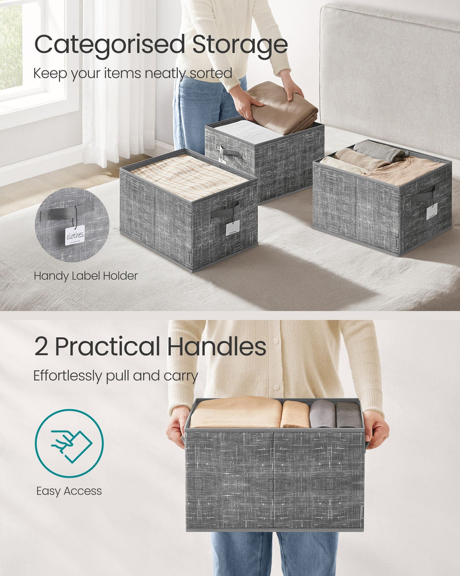 Collapsible Storage Boxes – Fabric – Cattail Grey – Set of 3 with Handles and Label Holders