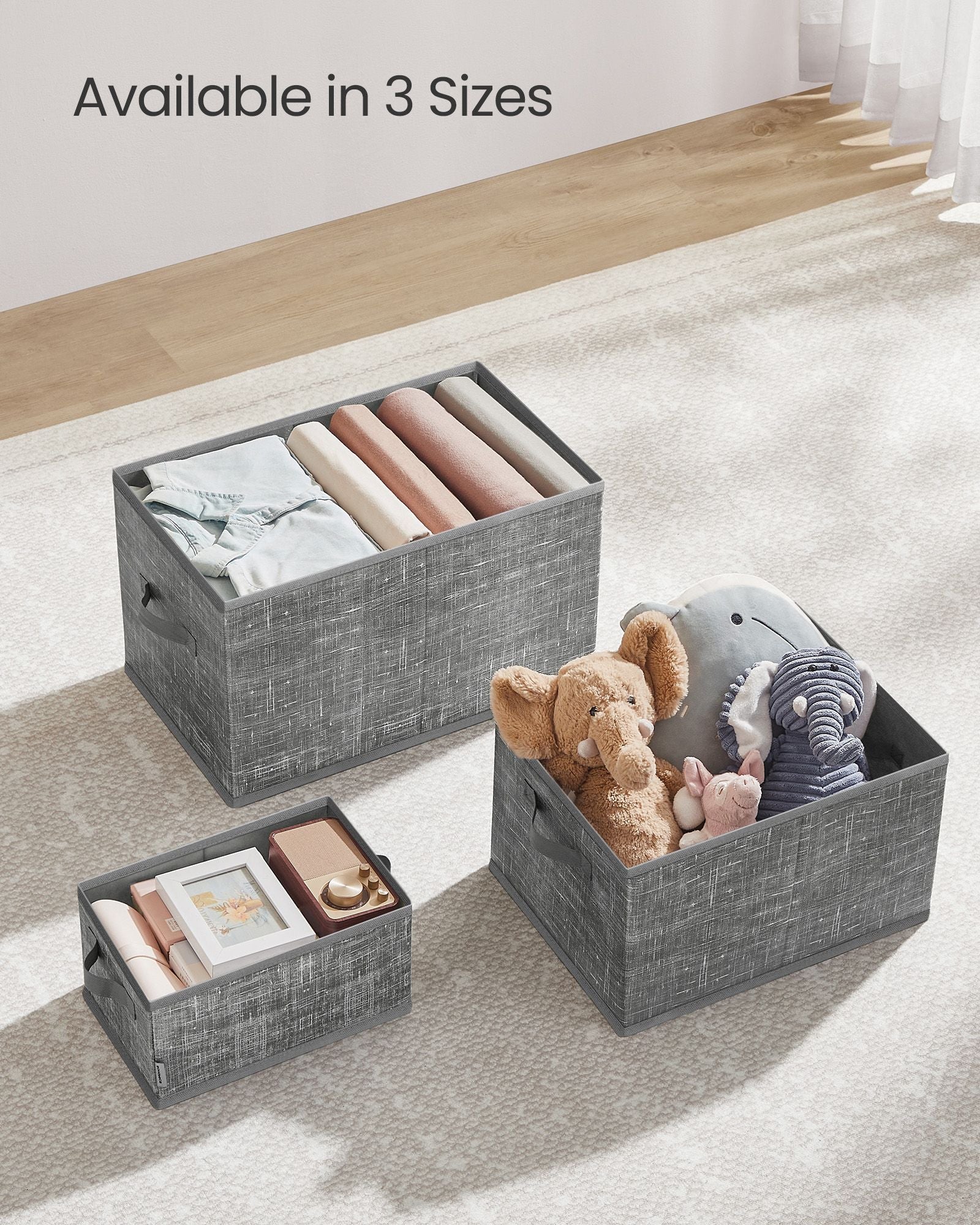 Collapsible Storage Boxes – Fabric – Cattail Grey – Set of 3 with Handles and Label Holders